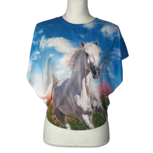Kids Blue Horse Print Poncho short sleeved Blouse top girls - Picture 1 of 6